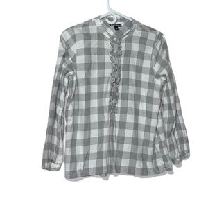 J. Crew Flannel Lightweight Gray and White Check Pattern Ruffle Placket Sz Small